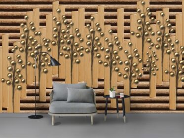 دانلود طرح کاغذ دیواری بادی مدرن پس زمینه چوبی شاخه های فلزی دیوار تزئینی