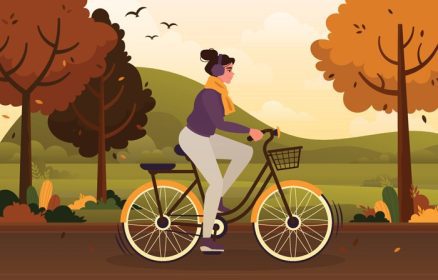 دانلود وکتور دختری در فصل پاییز دوچرخه سواری می کند