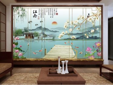 دانلود کاغذ دیواری طرح جدید چینی به سبک جیانگ نان آب شهر نیلوفر آبی پرنده ماگنولیا تلویزیون پشت