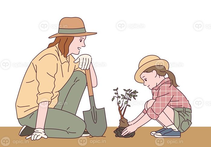دانلود وکتور مادر و دختر در حال کاشت درخت با هم