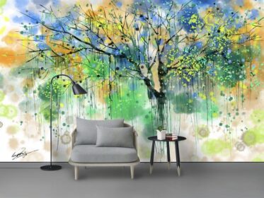 دانلود طرح کاغذ دیواری به سبک اروپایی نقاشی انتزاعی درخت زندگی با رنگ روغن پس زمینه نقاشی دکوراتیو