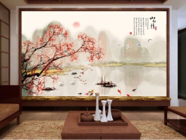 دانلود کاغذ دیواری طرح جدید نقاشی چینی، نقاشی با جوهر، دیوار پس زمینه تلویزیون