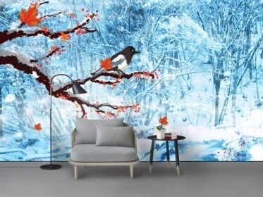 دانلود طرح کاغذ دیواری زمستانی صحنه برف درختان پرواز پرندگان مبل پس زمینه دیوار