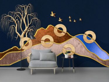 دانلود کاغذ دیواری طرح مینیمالیستی مدرن درخت فلزی پرنده پرنده قله کوه دایره فرفورژه دیوار پس زمینه تلویزیون