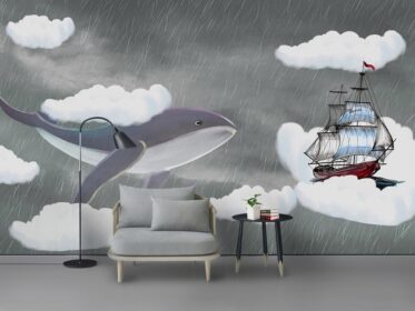 دانلود طرح کاغذ دیواری کارتونی نهنگ بزرگ، موضوع ماجراجویی کشتی دزدان دریایی دیوار پس زمینه اتاق کودکان