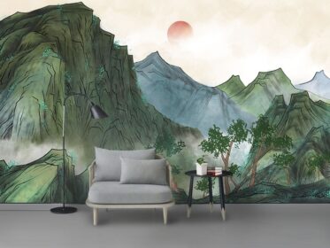 دانلود طرح کاغذ دیواری به سبک چینی کوه ها و رودخانه های زیبا مناظر زیبا نقاشی دیوار پس زمینه تلویزیون اتاق نشیمن