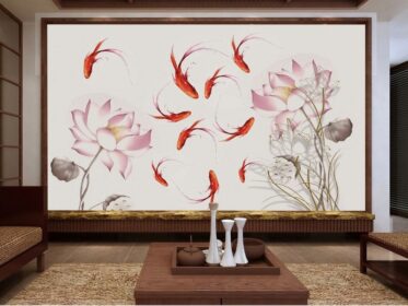 دانلود کاغذ دیواری طرح 3مدرن زیبای جدید چینی مدرسه ماهی نیلوفر دیواری پس زمینه
