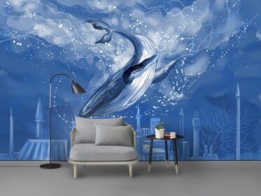 دانلود کاغذ دیواری طرح مدرن نقاشی دیواری پس زمینه رویایی نهنگ