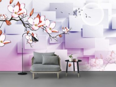 دانلود کاغذ دیواری طرح مدرن مد 3 بعدی گل مگنولیا رویایی زیبا شاخه های گل پس زمینه دیوار