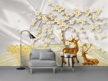 دانلود طرح کاغذ دیواری مدرن شکوفه های آلو گوزن طلایی روی دیوار پس زمینه