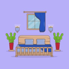 دانلود وکتور اتاق خواب کلاسیک با چراغ تخت تک نفره و گیاهان تزئینی