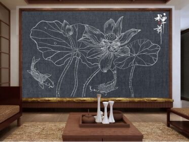 دانلود کاغذ دیواری طرح جدید به سبک چینی خط خطی نقاشی دیواری پس زمینه گل نیلوفر آبی
