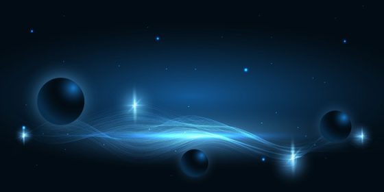 دانلود وکتور پس زمینه فضای آبی تیره انتزاعی با ستاره براق سیارات و افکت درخشان