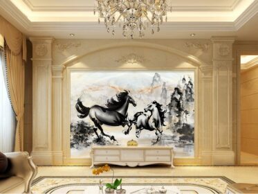 دانلود کاغذ دیواری طرح جدید به سبک چینی با سنگ نقاشی منظره نقاشی اسب به موفقیت دیوار پس زمینه تلویزیون