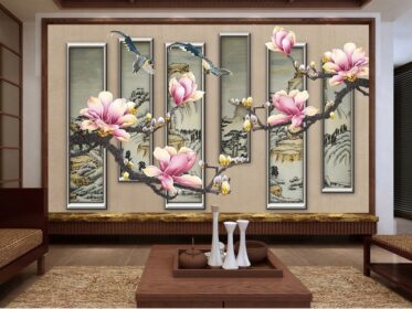 دانلود طرح کاغذ دیواری چینی زیبا و خلاقانه نقاشی منظره گل و پرندگان پس زمینه دیوار تلویزیون
