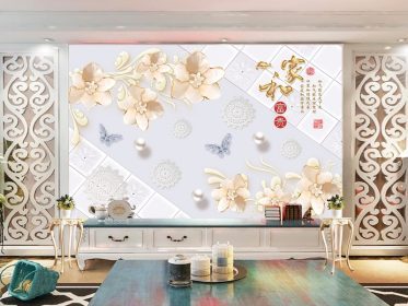 دانلود طرح کاغذ دیواری خانه و گل سه بعدی لوکس زیورآلات زیبا پس زمینه دیوار