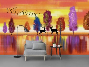 دانلود کاغذ دیواری طرح مدرن با دست کشیده شده انتزاعی منظره درختی نقاشی رنگ روغن پس زمینه دیوار