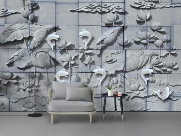 دانلود کاغذ دیواری طرح مدرن حکاکی سه بعدی نیلوفر آبی پس زمینه تلویزیون ماهی مرکب