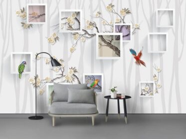 دانلود کاغذ دیواری طرح جدید مدرن مینیمالیستی جعبه سه بعدی با دست کشیده شده گل و پرندگان گیاهان پس زمینه دیوار