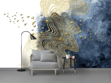 دانلود کاغذ دیواری طرح جدید مدرن انتزاعی جوهر آبی رنگ طلایی پرنده ابریشم دیوار پس زمینه