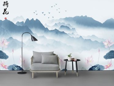دانلود کاغذ دیواری طرح جدید نقاشی تزئینی پس زمینه نیلوفر آبی با جوهر چینی