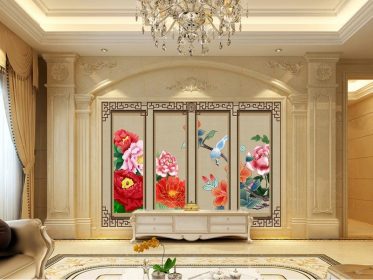 دانلود طرح کاغذ دیواری به سبک چینی زیبا و پر گل باز دیوار پس زمینه تلویزیون طاووس