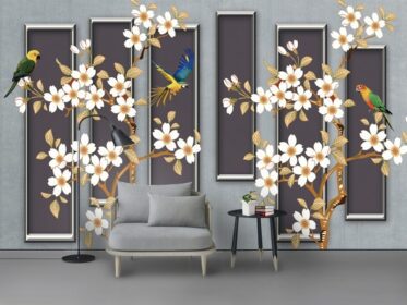 دانلود کاغذ دیواری طرح مدرن مد زیبا طوطی گلدار پس زمینه دیوار تلویزیون