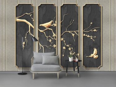 دانلود کاغذ دیواری طرح مینیمالیستی جدید با دست رنگ آمیزی شده گیاهان و گل ها با قاب طلایی سه بعدی دیوار زمینه