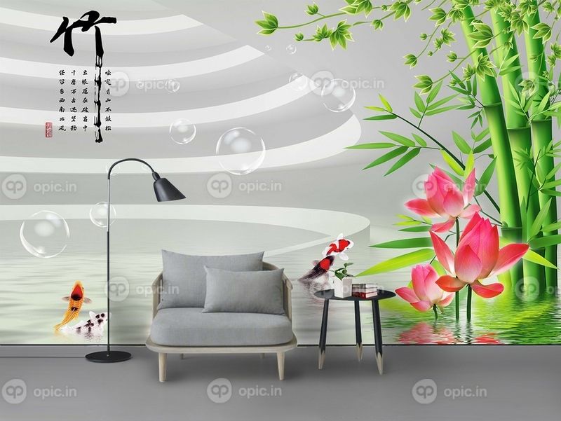 دانلود کاغذ دیواری سه بعدی جامد بامبوی نیلوفر آبی پس زمینه دیوار