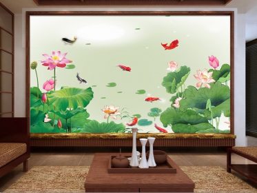 دانلود طرح کاغذ دیواری چینی نقاشی نیلوفر آبی تصویر 9 ماهی تصویر دیوار پس زمینه تلویزیون اتاق نشیمن