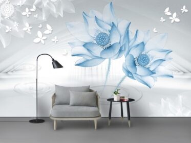 دانلود کاغذ دیواری طرح سه بعدی فضای آبی پس زمینه پروانه نیلوفر آبی