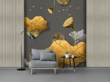 دانلود کاغذ دیواری طرح مد روز طلایی برگ نیلوفر آبی نیلوفر آبی پرنده جامد ابر پس زمینه دیوار