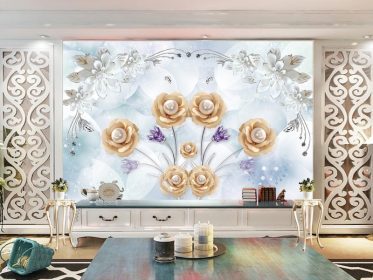 دانلود طرح کاغذ دیواری جواهرات کریستال گل سفید گل طلا پس زمینه دیوار