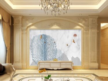دانلود کاغذ دیواری طرح مدرن مد روز سفید درخت ثروت سه بعدی دیوار اتاق نشیمن آفتاب پرنده