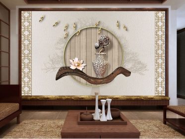 دانلود طرح کاغذ دیواری به سبک چینی گلدان ساده درخت نیلوفر آبی پرنده طلایی دیوار پس زمینه مد مدرن