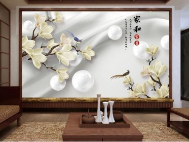 دانلود طرح کاغذ دیواری چینی شعبه مگنولیا خانه و خوشنویسی غنی دیوار پس زمینه توپ سه بعدی