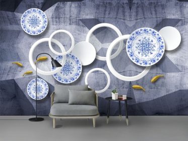 دانلود کاغذ دیواری طرح مد مدرن بشقاب چینی آبی و سفید ماهی مرکب طلایی دیوار پس زمینه جامد سه بعدی