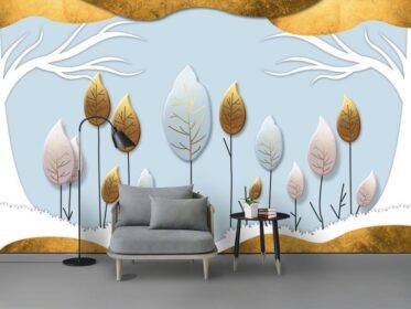دانلود کاغذ دیواری طرح مدرن شیک برگ طلایی کاغذ برش درخت پس زمینه آبی دیوار