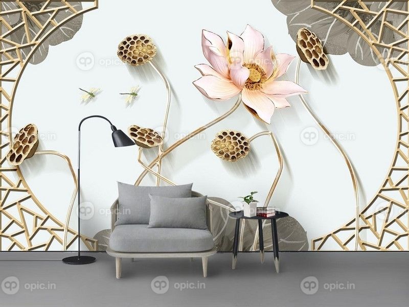 دانلود کاغذ دیواری طرح جدید مدرن مینیمالیستی سه بعدی بافت طلایی نیلوفر آبی به سبک چینی دیوار صفحه نمایش
