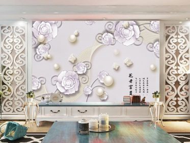 دانلود کاغذ دیواری طرح گل سفید با پس زمینه جواهرات مدرن مینیمالیستی برجسته