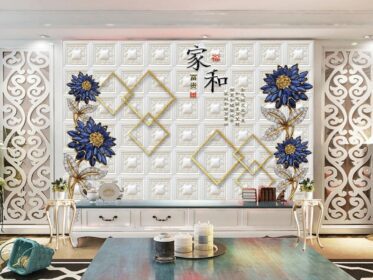 دانلود کاغذ دیواری طرح زیبا گل نگین آبی خانه و دیوار پس زمینه حاشیه طلایی غنی