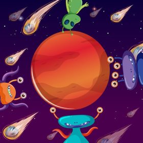 دانلود وکتور بیگانگان در فضای بیرونی با سیاره مریخ به سبک کارتونی