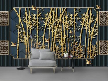 دانلود کاغذ دیواری طرح جدید و مدرن مینیمالیستی با فویل طلایی با دست نقاشی دیوار پس زمینه پرنده بامبو