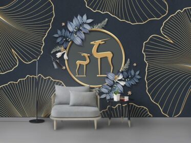 دانلود کاغذ دیواری طرح مینیمالیستی فلزی طلاکاری شده فرفورژه گل گوزن پس زمینه تلویزیون