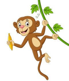 دانلود وکتور کارتونی میمون آویزان شده و موز را در شاخه درخت نگه می دارد