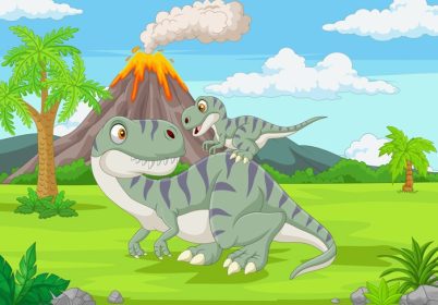 دانلود وکتور کارتون مادر و بچه دایناسور در جنگل