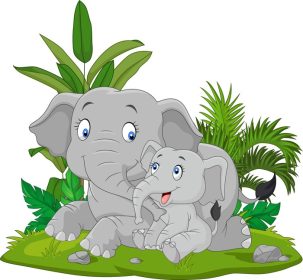 دانلود وکتور کارتونی مادر و بچه فیل در علف