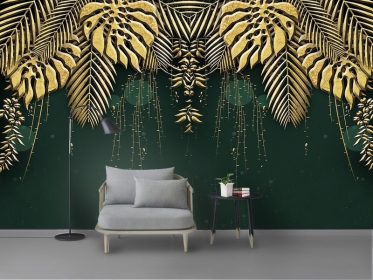 دانلود طرح کاغذ دیواری نوردیک مدرن مینیمالیست گیاهان گرمسیری برگ های طلایی خطوط تلویزیون رترو