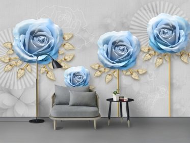 دانلود طرح کاغذ دیواری مدرن شیک گل آبی برگ طلایی دیوار پس زمینه ساده