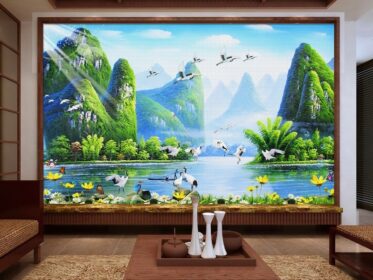 دانلود کاغذ دیواری طرح جدید به سبک چینی لیجیانگ منظره چینی نقاشی دیوار اتاق نشیمن